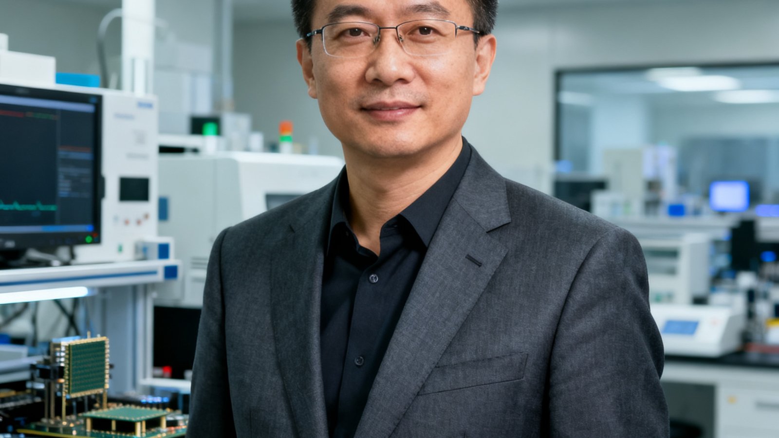 DB视讯创始人兼CEO陈志远博士，身穿深灰色西装，背景为芯片实验室
