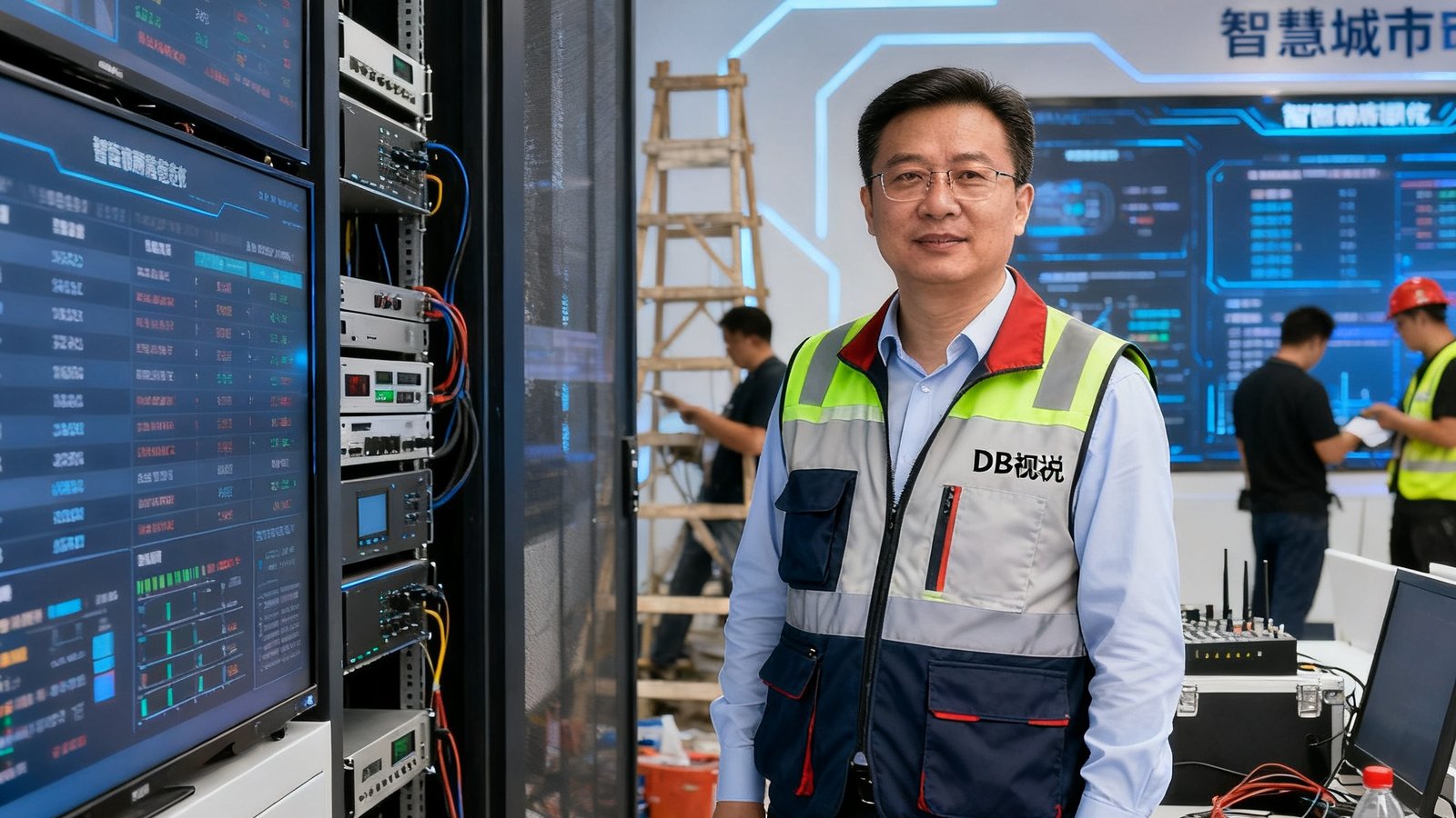 DB视讯副总裁王海东身穿工装马甲，站在智慧城市项目部署现场